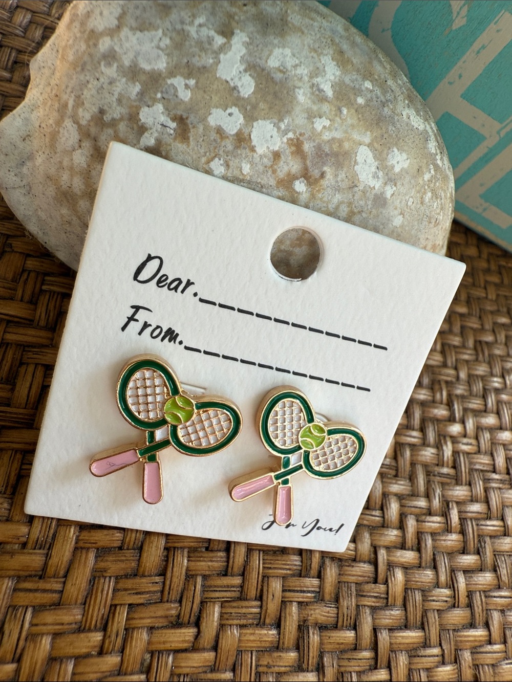 Tennis Racket & Ball Enamel Earrings in Green and Pink - Picture 3 of 6